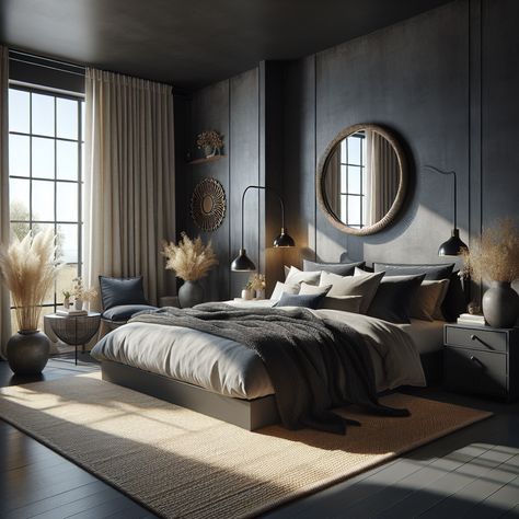 Dark industrial bedroom features a king-sized platform bed with a padded headboard, layered with neutral pillows and a woven throw blanket. A circular mirror on a dark grey wall reflects daylight, while a bedside chest holds decorative items. A contemporary black lamp illuminates the room, with floor-to-ceiling windows allowing natural light. Delicate plants in vases and a jute rug in slate and navy tones complete the warm atmosphere. Jute Rug Black Bedroom, Black Bedroom With Black Ceiling, Dark Industrial Bedroom, Modern Luxurious Bedrooms Classy, Bedroom Cozy Aesthetic, Dark Grey Headboard, Modern Dark Bedroom, Plants In Vases, Cozy Aesthetic Room