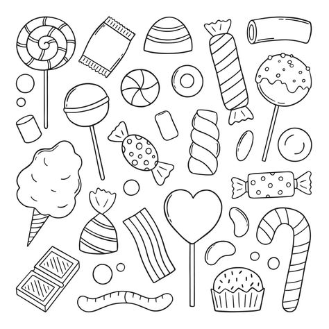 Hand drawn set of sweets and candies doodle. Lollipop, caramel, chocolate, marshmallow in sketch style.  Vector illustration isolated on white background. Chocolate Drawing, Candy Coloring Pages, Candy Drawing, Sweet Drawings, Candy Paint, Chocolate Marshmallow, Adult Coloring Designs, Doodle Art Drawing, Christmas Doodles