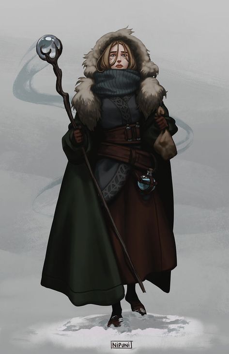 Questing in Sahrnia by nipuni on DeviantArt Icewind Dale, A Staff, Dnd Art, Fantasy Inspiration, Winter Clothing, Medieval Fantasy, Character Creation, Fantasy Clothing, Dnd Characters