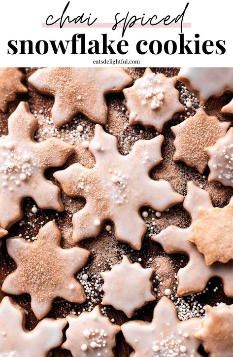 glazed and decorated snowflake cookies on wooden serving board Chai Cookies Recipe, Chai Spice Cookies, Spice Sugar Cookies, Christmas Cookie Recipes Holiday, Cut Out Cookie Recipe, Snowflake Cookies, Cutout Sugar Cookies, Cookie Flavors, Holiday Cookie Recipes