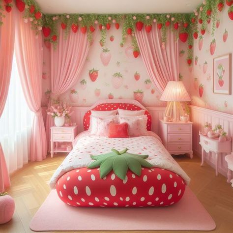 Strawberry Shortcake Bedroom Ideas, Strawberry Bedroom Ideas, Strawberry Bedroom Aesthetic, Strawberry Shortcake Room Decor, Cherry Room Aesthetic, Strawberry Shortcake Bedroom, Strawberry Shortcake Room, Pink And Red Room, Strawberry Bedroom