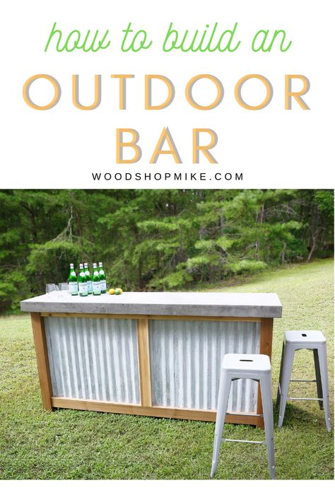 Ever wished you had a great space outside to serve drinks and party food? Watch as Woodshop Mike shows you step by step how to make this outdoor bar, complete with a concrete top! Made with weather resistant materials, this outdoor bar will serve you and your guests for years to come. #outdoorbar #entertaining #outdoorfurniture #DIY #outdoor #outdoorparty #entertainingoutside #concrete #concretecountertop #rusticoutdoorbar #potterybarn #potterybarnoutdoorbar #woodworking #woodprojects #outside Outdoor Bar Backyard, Diy Patio Bar, Rustic Outdoor Bar, Outdoor Bar Plans, Bar Backyard, Diy Garage Work Bench, Diy Outdoor Bar, Diy Backyard Patio, Outside Bars