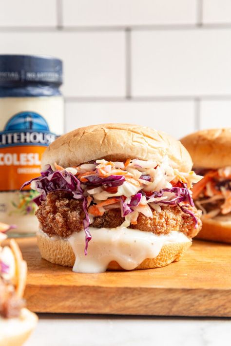 Fried Chicken Coleslaw Sandwich Recipe - Coleslaw Dressing Chicken Coleslaw Sandwich, Recipe Coleslaw, Chicken Coleslaw, Every Summertime, Red Cabbage Coleslaw, Coleslaw Sandwich, Bread Bowl Recipe, White Bbq Sauce, Red Cabbage Slaw