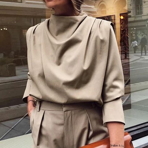 A High Collar Khaki Blouse Long Sleeve – Nowachic Ladies Shirts Casual, Khaki Blouse, Cowl Neck Shirt, Office Blouse, Khaki Tops, Draped Collar, Tops And Blouses, Ladies Shirt, Oversized Blouse