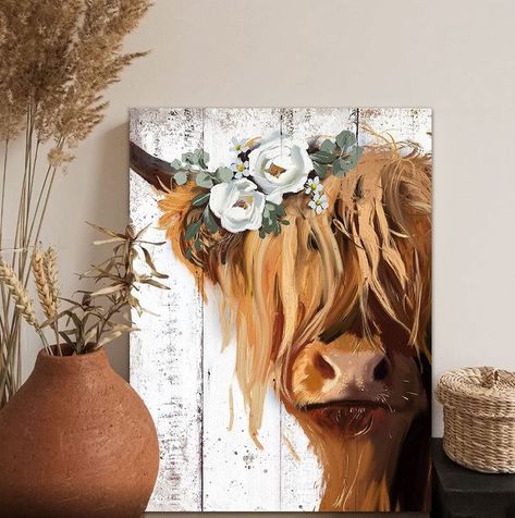 Cow Bedroom Ideas, Highland Cow Room, Highland Cow Bedroom, Waterpaint Ideas, Cow Bedroom, Sunrise Art Painting, Highland Cow With Flowers, Cow Room, Cow Print Stuff