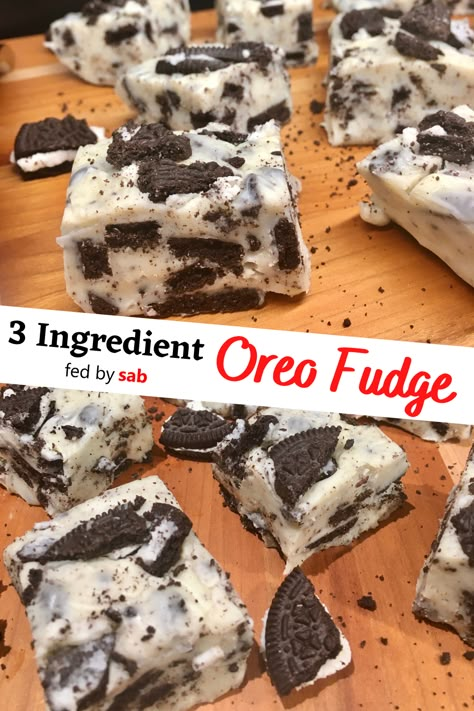 square pieces of oreo fudge plated on a wood cutting board Cookies And Cream Fudge 3 Ingredient, Homemade Fudge Rounds, Cookies N Cream Fudge, 3 Ingredient Oreo Fudge, White Chocolate Oreo Fudge, Easy Oreo Fudge, Recipes With Milk Dessert, Chocolate Cake With Oreos, Easy Fudge Recipe 3 Ingredients Condensed Milk