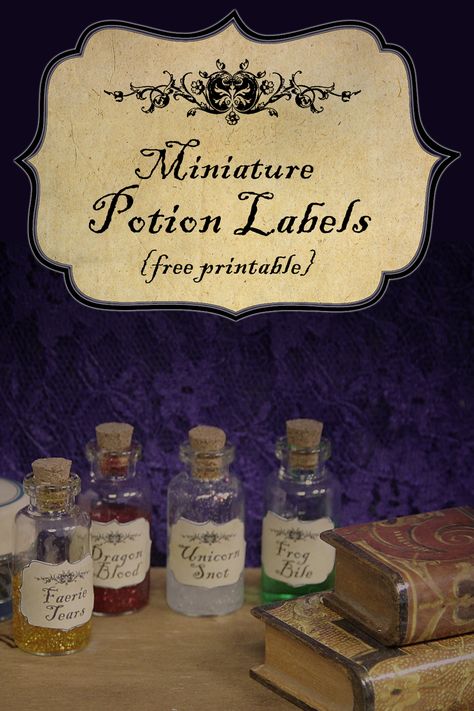 Miniature Potion Labels - Free Printable for Doll Dioramas and Photos Halloween Potion Labels, Harry Potter Potion Labels, Halloween Labels Printable, Halloween Apothecary Labels, Halloween Bottle Labels, Harry Potter Miniatures, Journal Self Care, Halloween Potion, Halloween Jars