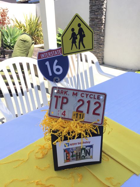 16TH Birthday Party with Road Trip Theme.  Motorcycle License plates from across the US add authenticity.  Downloaded signs, printed and mounted to metal skewers. Route 66 Party, Chicago Dogs, Road Trip Theme, Motorcycle Party, Boy 16th Birthday, Baby Shower Ideas For Boys, Modern Baby Shower Games, Games For Men, Funny Baby Shower Games