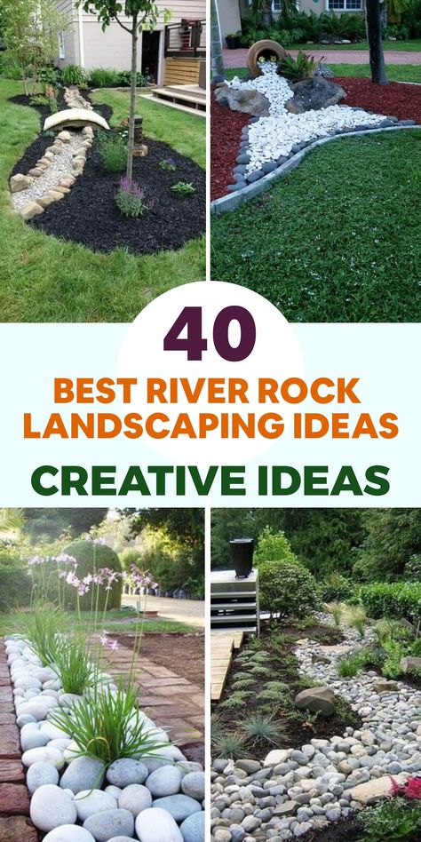 Enhance the beauty of your outdoor space with these top river rock landscaping concepts. Infuse natural elements into your landscape by incorporating river rocks to create charming borders around garden beds. Construct a captivating rock garden by blending varied sizes and hues of river rocks with resilient succulents and ornamental grasses for a water-efficient and easy-to-maintain setup. For a fluid connection between water features and land, consider lining the edges with river rocks. Using River Rock As A Border, River Rock Dry Creek Bed, Plants For River Rock Bed, Hill Rock Garden, Rock Beds Front Of House, River Rock In Landscaping, Rocks Along House, Diy Easy Front Yard Landscape Ideas, Low Maintenance Landscaping Front Yard River Rock