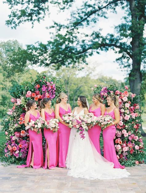 Pink And Khaki Wedding, Hot Pink Bridesmaid Dress, Barbie Bridesmaid Dresses, Summer Wedding Colors Pink, Bubble Gum Pink Bridesmaid Dresses, Pink Wedding Ideas Color Schemes, Fuschia Bridesmaid Dresses Color Schemes, May Bridesmaid Dresses, Colorful Floral Wedding Bridesmaids