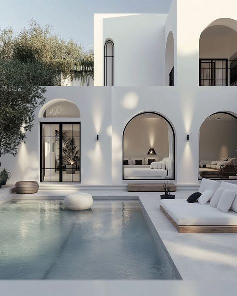 Invest in Bali Real Estate | Loving this off white Greek style villa. Do you think this design would work in Bali? Design by: @theyoungvillas and @invest.in.bali | Instagram Modern Greek House, Pool Decor Ideas, Bali Instagram, Bali Design, Bali House, Mediterranean Style Home, Mediterranean Design, Pool Decor, Beach House Design