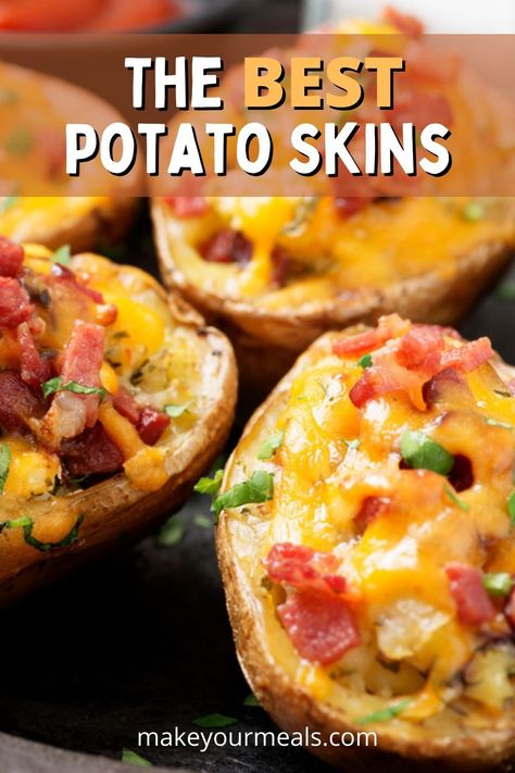 Potato Skins are one of the BEST finger food appetizers! This recipe has baked potato skins filled with cheese and bacon and topped with green onions and sour cream for the perfect, easy to eat appetizer! Potato Skins Red Potatoes, Superbowl Potato Recipes, Diy Potato Skins Recipes, Red Potato Skins Appetizer, Mexican Potato Skins, Baked Potatoe Skins In The Oven, Red Potato Skins, Homemade Potato Skins Easy, Taco Potato Skins