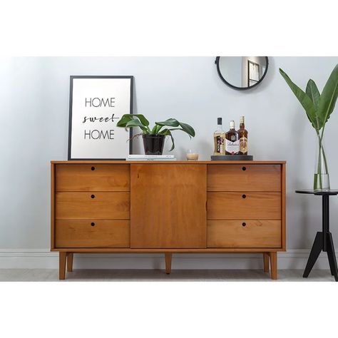 Corrigan Studio® Houchin 61" Wide 6 Drawer Pine Wood Sideboard | Wayfair Sideboard Sliding Doors, Mid Century Modern Sideboard, Retro Sideboard, Solid Wood Sideboard, Side Board, Kitchen Sideboard, Modern Sideboard, Wood Countertops, Wood Sideboard