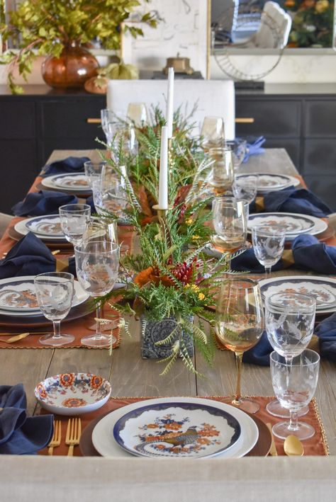 Blue And Orange Thanksgiving, Blue Thanksgiving Table, Place Settings Everyday, Beautiful Thanksgiving Table, Blue Thanksgiving, Friendsgiving Decorations, Thanksgiving Tree, Holiday Hosting, Thanksgiving Table Decor