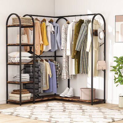 17 Stories L Shape Corner Garment Rack With Storage Shelves And Hanging Rods | Wayfair Corner Closet Organizer, Rolling Clothes Rack, Corner Closet, Closet Rack, Metal Clothes Rack, Open Wardrobe, Clothes Hanging, Open Closet, Garment Rack