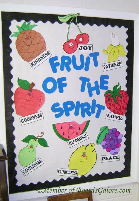 Fruits of the spirit #BulletinBoards #FruitOfTheSpirit Sunday School Classroom Decor, Bible Bulletin Boards, Christian Bulletin Boards, Sunday School Decorations, Sunday School Rooms, Sunday School Classroom, Fruits Of The Spirit, Fun Fruit, The Fruit Of The Spirit