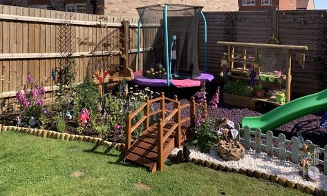 Outdoor Garden Play Area, Childs Play Area In Garden, Whimsical Outdoor Play Area, Garden With Play Area, Garden Bridges Backyard, Secret Fairy Garden, Fairy Garden Play Area, Small Garden Play Area, Childrens Garden Play Area