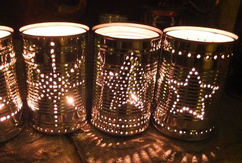 How to Make Tin Can Lanterns for Festive Friday Tin Can Lights, Garden Party Decorations Diy, Can Candles, Luminaria Diy, Can Lanterns, Tin Can Lanterns, Diy Christmas Lights, Tin Can Art, Diwali Lights