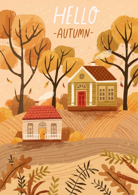 Autumn Illustrations, Countryside Scenery, Postcard Poster, Cottage Illustration, Rustic Houses, Landscape Countryside, Cozy Cottages, Autumn Illustration, Stickers Kawaii