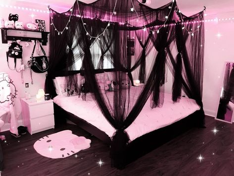 Gothic Kawaii Room, Black And Pink Aesthetic Bedroom, Dark Princess Room Aesthetic, Black White And Pink Room Ideas, Pastel Gothic Room, Pink And Black Room Aesthetic Grunge, Gothic Y2k Room, Pink Room Black Furniture, White Black Pink Bedroom