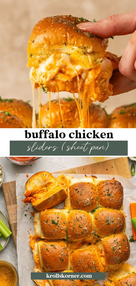 Sheet Pan Buffalo Chicken Sliders • Kroll's Korner Beer Cheese Chicken Pretzel Sliders, Buffalo Chicken Croissant Rolls, Buffalo Chicken Wreath, Buffalo Chicken Pretzel Sliders, Buff Chicken Sliders, Lunch Tailgate Food, Finger Foods With Chicken, Dinner Ideas Sliders, Blue Collar Dinner Ideas