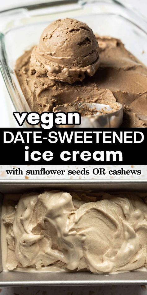 This vegan date ice cream is perfectly creamy and made from just 5 wholesome ingredients! Adapted from our popular vegan oat milk ice cream, this recipe also contains NO coconut or oil. Plus, with a nut-free option using sunflower seeds, everyone can enjoy this refined-sugar-free treat! Date Ice Cream, Oat Milk Ice Cream, Vegan Mango Ice Cream, Ice Cream Recipes Machine, Vegan Ice Cream Recipe, Banana Nice Cream, Ice Cream Maker Recipes, Plant Based Desserts, Dairy Free Ice Cream