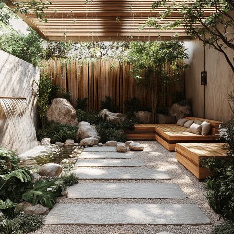 Escape to a Zen-inspired garden patio that blends natural elements with minimalist design. With a tranquil water feature, lush greenery, and simple wooden seating, this serene outdoor space invites you to relax and meditate in harmony with nature. #ZenPatio #MeditationGarden #OutdoorOasis #BambooDecor Zen Garden Interior, Outdoor Wellness Space, Outside Zen Space, Zen Courtyard, Backyard Yoga Space Zen Gardens, Small Patio Zen Garden, Outdoor Wellness Area, Outdoor Tai Chi Space, Rooftop Meditation Space