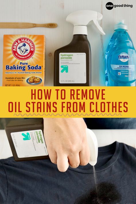 Remove oil stains from clothes like magic with three household items and these tips. Presto! No more oil and grease stains! Remove Grease From Clothes, Remove Oil Stains From Clothes, Homemade Stain Removers, Remove Grease Stain, Remove Yellow Stains, Stain Remover Clothes, Diy Stain Remover, Stain Removal Guide, Grease Remover