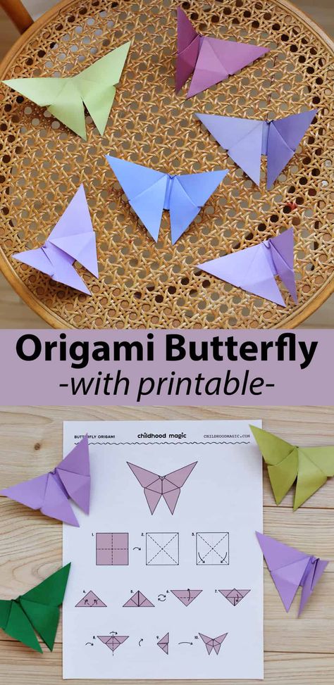 Easy Origami Butterfly - Childhood Magic Free Origami Printables, Flowers Origami Easy, Origami Butterfly Instructions, Easy Origami Animals, Origami Butterfly Easy, Easy Origami For Kids, Butterflies Activities, Flowers Origami, Beautiful Origami