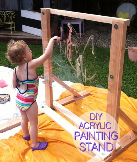 DIY acrylic paint stand - I can build it!! How much fun would this be? Especially during summer :() Patio Chico, Diy Acrylic Painting, Meri Cherry, Painting Stand, Painting Easel, Outdoor Play Space, Play Area Backyard, Outdoor Play Spaces, Outdoor Play Areas