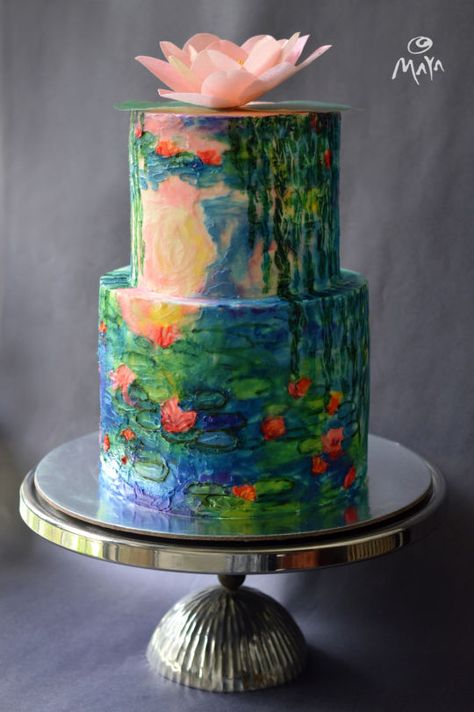 Pond Cake, Hand Painted Wedding Cake, Torte Creative, Painted Wedding Cake, Cake With Flowers, Hand Painted Cakes, Torte Cupcake, Tiered Cake, Crazy Cakes