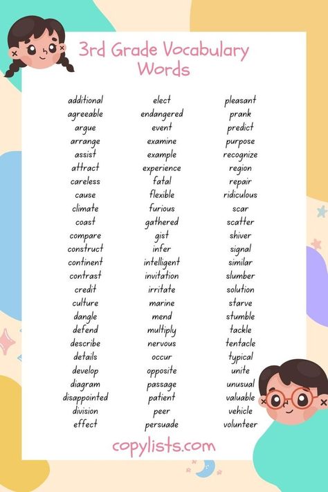 a list of 3rd-grade vocabulary words with cartoon children 3rd Grade Vocabulary Words, Third Grade Vocabulary Words, Teaching Spelling Words, 3rd Grade Spelling Words, Spelling Bee Words, Improve English Writing, 3rd Grade Spelling, 3rd Grade Words, Old English Words