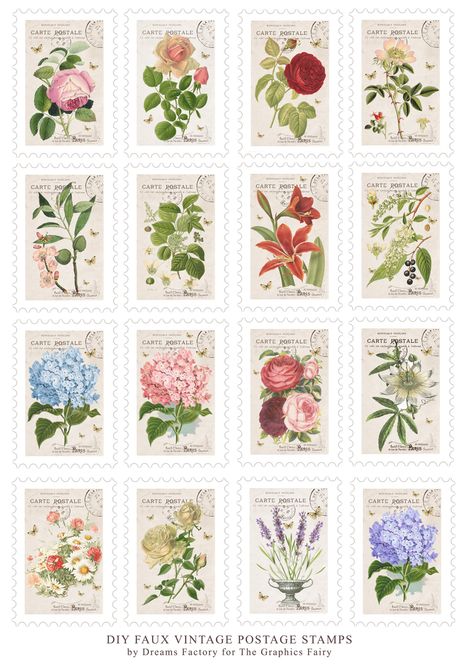 DIY Faux Vintage Postage Stamps & Free Printable! & free printable! - The Graphics Fairy Printable Stamps Vintage, Stuff For Journaling, Cute Stamps Postage, Penpal Stickers Printable, Vintage Flower Stickers Printable, Aesthetic Stickers Printable Vintage, Cute Aesthetic Stickers Printable, Flower Printable Stickers, Journal Stickers Aesthetic Vintage