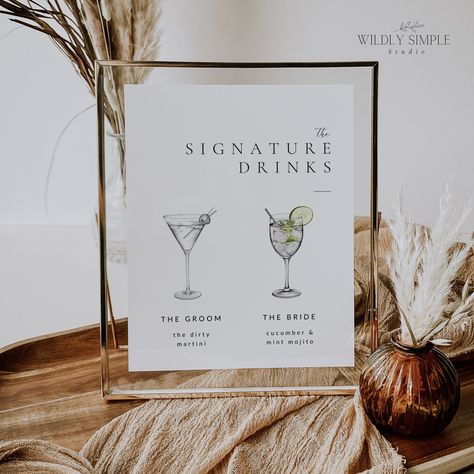 Create a memorable and stylish beverage experience at your wedding with our his and hers signature drinks sign template. This printable wedding bar menu is the perfect way to showcase your unique cocktail creations. Not only is this template editable with Canva, but it's also available as an instant download, making it quick and easy to personalise for your big day. With its modern minimalist design, this bar menu sign will beautifully complement any wedding theme. Let your guests indulge in the Wedding Bar Sign Signature Drink, His And Her Wedding Drinks, His And Her Drink Sign, His And Hers Drinks Wedding Bar Signs, His And Hers Signature Drinks Wedding, His And Her Drinks Wedding Bar Signs, His And Hers Cocktails Wedding, His And Her Drinks Wedding, His And Hers Drinks Wedding