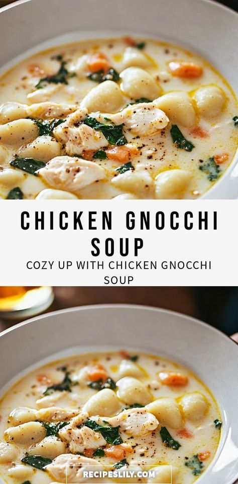 Warm up with a bowl of creamy Chicken Gnocchi Soup that’s both comforting and delicious! This one-pot meal is packed with tender chicken, fluffy gnocchi, and vibrant veggies, all simmered in a rich broth that’s perfect for chilly evenings. Perfect for family dinners or meal prep, this soup is sure to become a favorite! Dive into this heartwarming recipe and discover the joy of homemade comfort food. Your taste buds will thank you! Crock Pot Chicken And Gnocchi Soup, Turkey And Gnocchi Soup, Gluten Free Chicken And Gnocchi Soup, Chicken Stew With Gnocchi, Gnocchi Recipes Crockpot Crock Pot, Chicken Pot Pie Soup With Gnocchi, Chicken Gnocchi Crockpot Soup, Chicken Nochi Soup Recipes, Chicken Pot Pie Gnocchi Soup