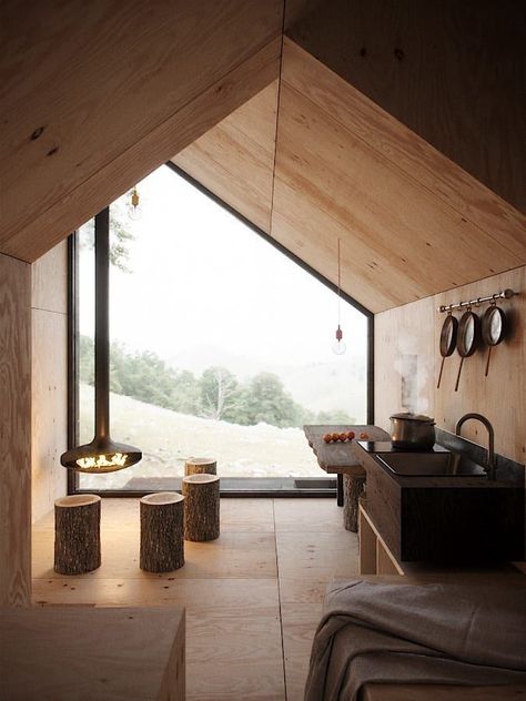 Cabin interior Design Casa Piccola, Cabin Interiors, Floor To Ceiling, Tiny House Cabin, Small Cabin, Modern Cabin, Design Del Prodotto, Cabin Design, Floor To Ceiling Windows