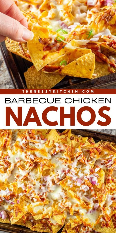 Always an easy appetizer recipe for a crowd! It's one of the best game day recipes for loaded nachos. Complete with your favorite toppings, these sheet pan Barbecue Chicken Nachos are sure to be a hit! So, grab some tortilla chips for this fun party snack! Bbq Nachos Recipe Chicken, Barbecue Chicken Nachos, Bbq Nachos Recipe, Bbq Nachos, Bbq Chicken Nachos, Game Day Food Ideas, Sheet Pan Nachos, Nacho Recipes, Pan Nachos