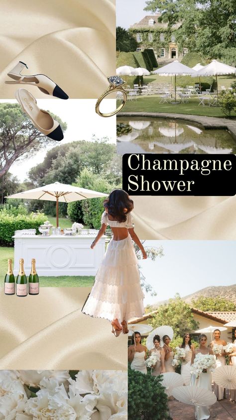 Bridal Shower Theme! Champagne Shower! 🍾🥂🌧 Pajamas Bridal Shower Ideas, Bubbles Bridal Shower Theme, Champagne Showers Theme, Dreamy Bridal Shower Ideas, Aesthetic Bridal Shower Ideas, Champagne Shower Theme, Classic Bridal Shower Theme, All White Bridal Shower Theme, Timeless Bridal Shower Ideas