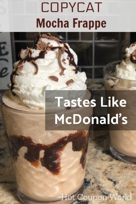 Make a Mocha Frappe that tastes like McDonald's - at home (with this easy copycat recipe)!  Great cold coffee drink for summer! Homemade Mocha Frappe, Mcdonalds Mocha Frappe, Mocha Frappe Recipe, Caramel Frappe, Homemade Mocha, Homemade Frappuccino, Frappe Recipe, Mocha Frappe, Cold Coffee Recipes