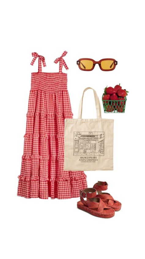 Red gingham trendy cool girl aesthetic outfit inspiration outfit idea trendy outfit Red And White Summer Outfit, Fun Skirt Outfits, Red Gingham Dress Outfit, Tomato Girl Outfit, Red Gingham Aesthetic, Tomato Girl Aesthetic Outfits, Gingham Outfit Aesthetic, Red Gingham Outfit, Gingham Aesthetic