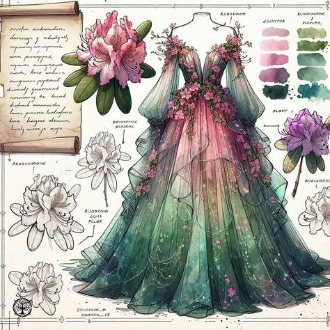 Page 125 - 128: "Dancing Under Blossoming Rhododendron" #aiart #aiartwork #aiartcommunity #aisketch #aiconceptart #fantasy #fantasyart #fantasyrace #fantasyculture #ball #formal #dance #dress #suit #nature #rhododendron #beastiary #fieldguide Nature Gowns Beautiful Dresses, Jade Green Wedding Dress, Dream Dress Aesthetic, Enchanted Forest Dress Ideas, Nature Inspired Outfits Drawing, Air Inspired Outfits, Dnd Dress Design, Nature Dress Drawing, Fantasy Dress Ideas