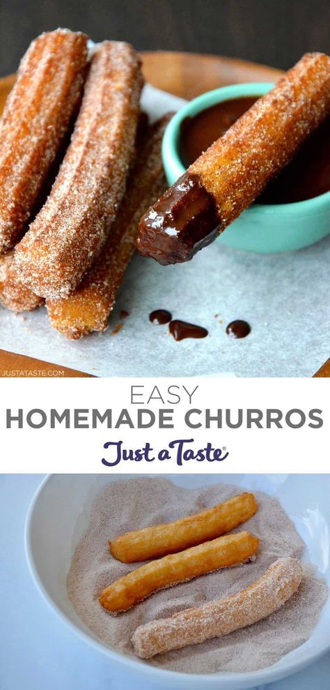 All you need is a few simple pantry ingredients and less than 30 minutes for hot, crispy Homemade Churros rolled in cinnamon-sugar! #justatasterecipes Homemade Churros Recipe, Gooey Desserts, Easy Churros, Easy Churros Recipe, Chocolate Sauce Recipes, Homemade Churros, Chocolate Dip, Recipe Thanksgiving, Churros Recipe