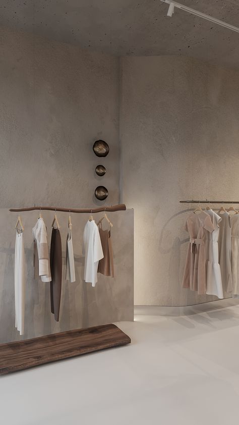 DSH clothing store in Astana :: Behance Minimalist Clothing Store Design, Aesthetic Fitting Room, Dresses Store Design, Minimal Boutique Interior, Boho Store Decor, Designer Store Interior, Mini Store Ideas, Cloth Store Design, Clothes Store Ideas