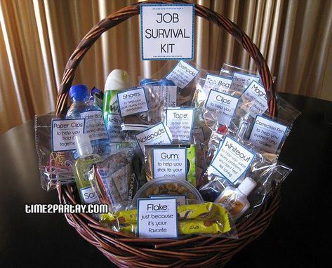 Job Survival Basket kit...for someone just beginning a new job or for a new co-worker:) Survival Basket, New Job Survival Kit, Survival Kit Gifts, Survival Kits, Eid Decoration, Neuer Job, New Job Gift, Job Gifts, Work Gifts