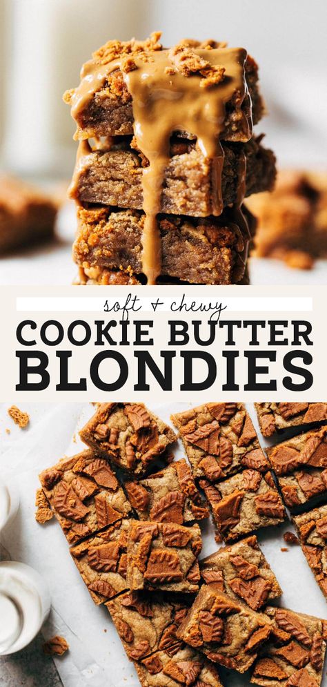 These cookie butter blondies are gooey, chewy, buttery, and loaded with delicious cookie butter. Scattered with speculoos cookies on top, you're left with a bite that's both soft and crunchy. #blondies #cookiebutter #speculoos #butternutbakery Sheet Desserts, Cookie Butter Blondies, Cookie Butter Bars, Flourless Cakes, Homemade Cookie Butter, Butternut Bakery, Food Shoot, Speculoos Cookies, Blondie Bar