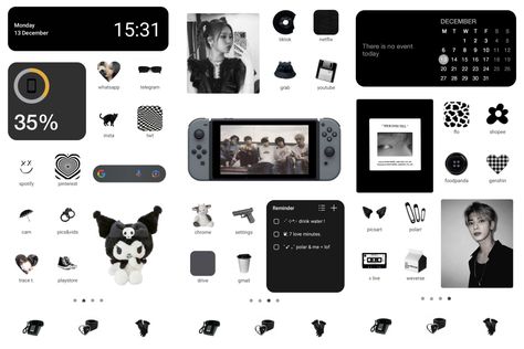 Black And White Iphone Layout Kpop, Black Theme Widgetsmith, Black White Phone Theme, Phone Theme Ideas Black And White, White And Black Phone Theme, Black And White Ipad Layout, Ipad Homescreen Ideas Black And White, Black And White Ipad Homescreen, Ios 16 Home Screen Ideas Black And White