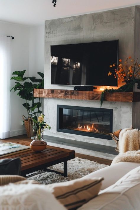 Sleek Linear Fireplace Ideas with TV Above Large Tv Small Fireplace, Large Tv With Fireplace, Fireplace Tv Wall Mantle, Sleek Fireplace Design, Tv Off Centered On Wall Fireplace, Farmhouse Linear Fireplace, Tv Wall Ideas Living Room Mounted Tv Over Fireplace, Fireplace And Tv Unit, Built In Fireplace Tv Wall