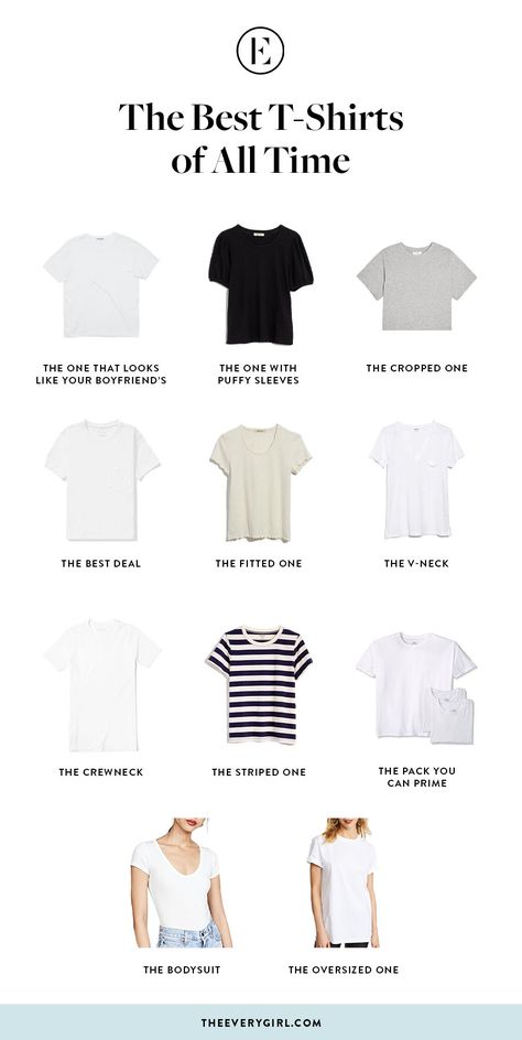 The Best T-Shirts to Have in Your Closet | The Everygirl T Shirt Capsule Wardrobe, How To Dress Like A Minimalist, Must Have Basic Tops For Women, Quality Basics Clothing, Basic Clothes To Have, Basic Pieces Of Clothing, T Shirts Style Ideas, Where To Get Basics, How To Style Basic Tees