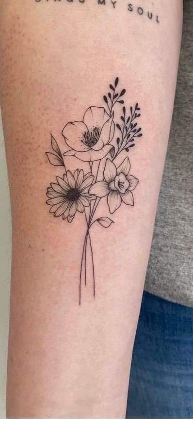 Chrysanthemum Daisy Daffodil Tattoo, Daffodil Aster Tattoo, Birth Flower Tattoos Above Elbow, Daffodil Daisy And Poppy Tattoo, Flower Boquettes Tattoos Simple, Daisy And Violet Bouquet Tattoo, Rose Carnation Daffodil Tattoo, Daffodil Rose Poppy Tattoo, Fine Line Daisy Bouquet Tattoo