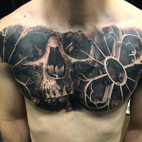 Amazing tattoo by : @robbylatosLocation: US Follow @realistic.ink for more amazing realistic tattoo tag us to be featured#tatouage #blackandgrey #tattoo #tattoos #ink #tatuaje #realistictattoo | Artist: @realistic.ink Skull Chest Tattoo Men, Filigree Tattoo Sleeve, Chest Tattoo Realism, Pixel Tattoo, Full Chest Tattoos, Filigree Tattoo, Torso Tattoos, Inspiration Tattoos, Chest Piece Tattoos